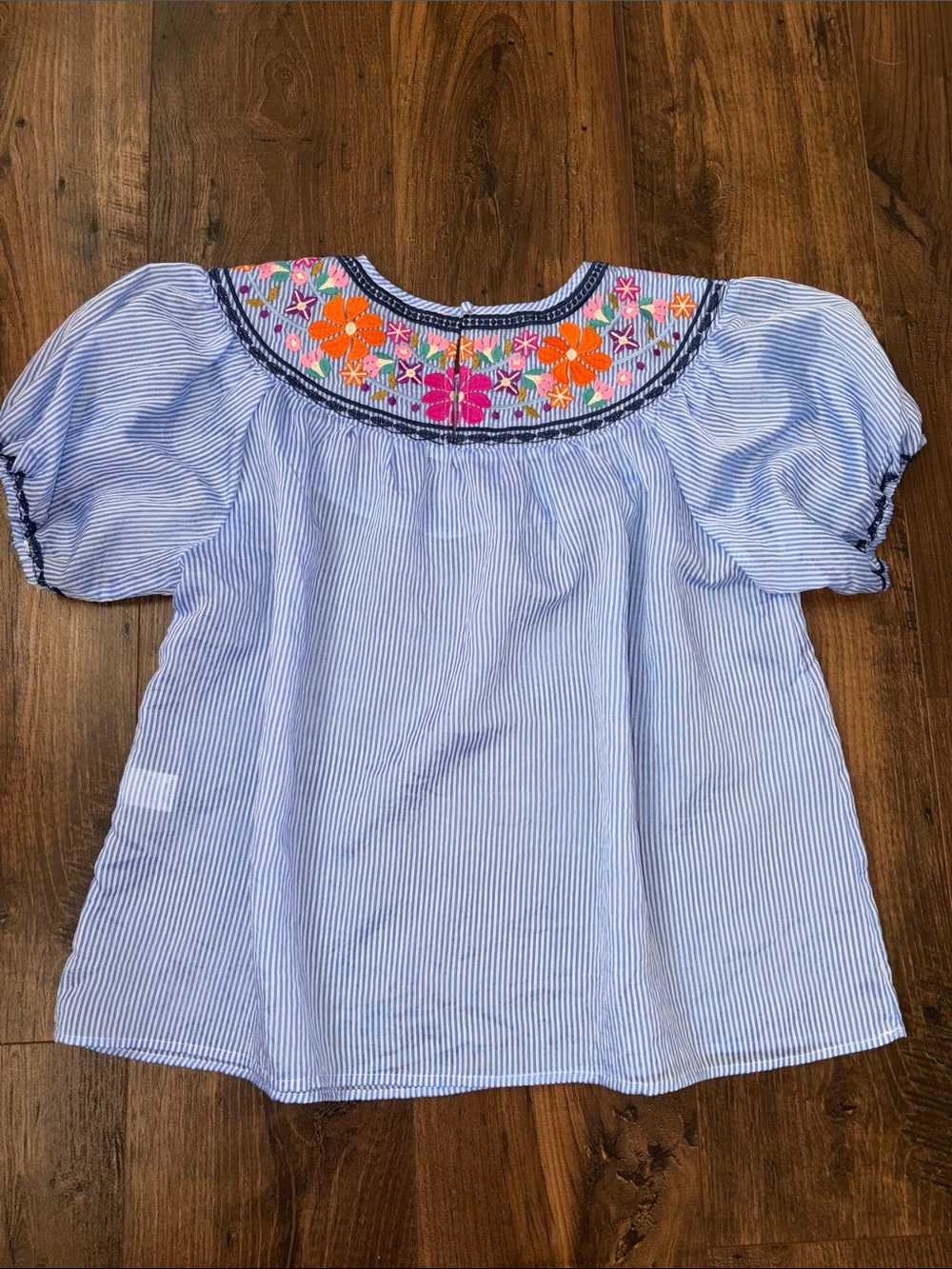 NWOT THML Light Blue Striped Puff-Sleeve Top with Floral Embroidery - Picture 8 of 9